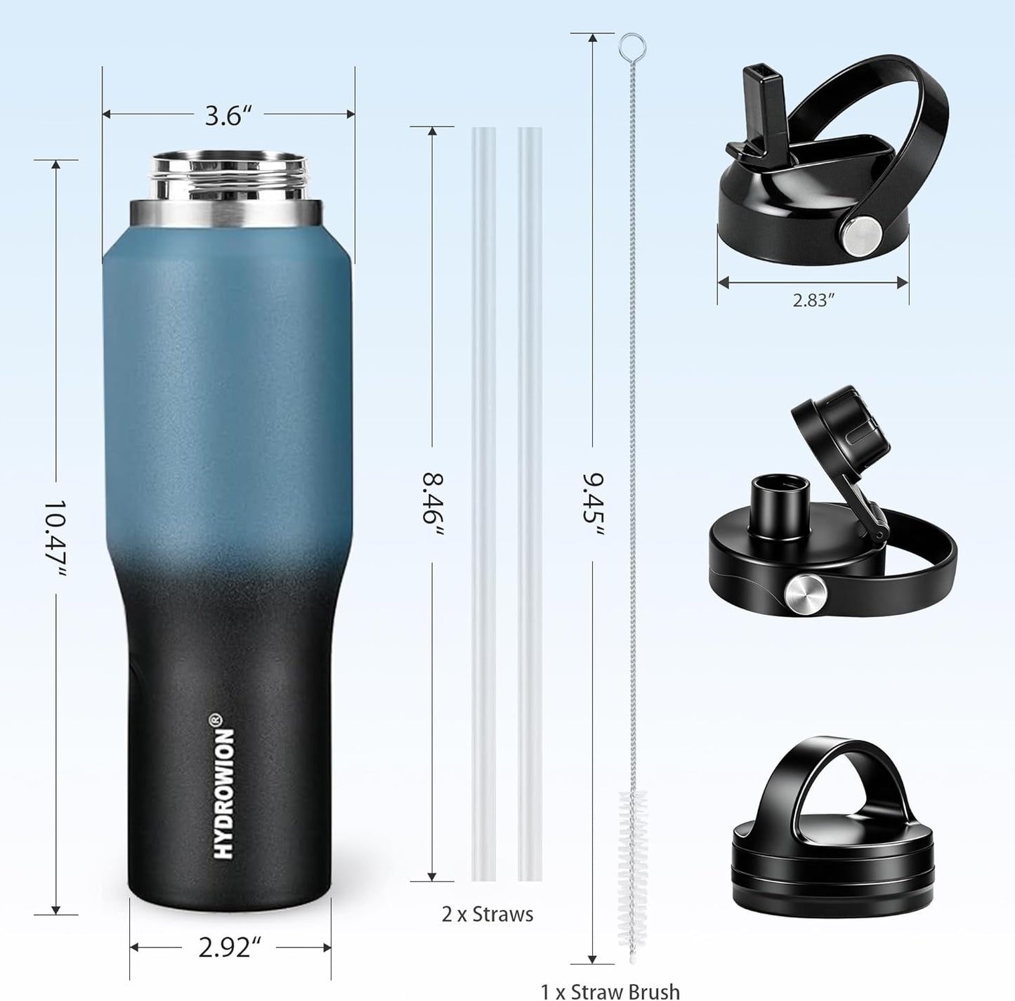 HYDROWION 32oz Stainless Steel Water Bottle(Cold for 48 Hrs, Hot for 24 Hrs),Double Wall Vacuum Insulated Water Bottle with Straw Lid, Spout Lid and Flex Cap, Fit in Any Car Cup Holder,Black