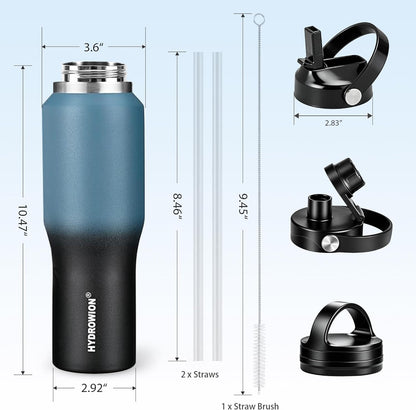 HYDROWION 32oz Stainless Steel Water Bottle(Cold for 48 Hrs, Hot for 24 Hrs),Double Wall Vacuum Insulated Water Bottle with Straw Lid, Spout Lid and Flex Cap, Fit in Any Car Cup Holder,Black