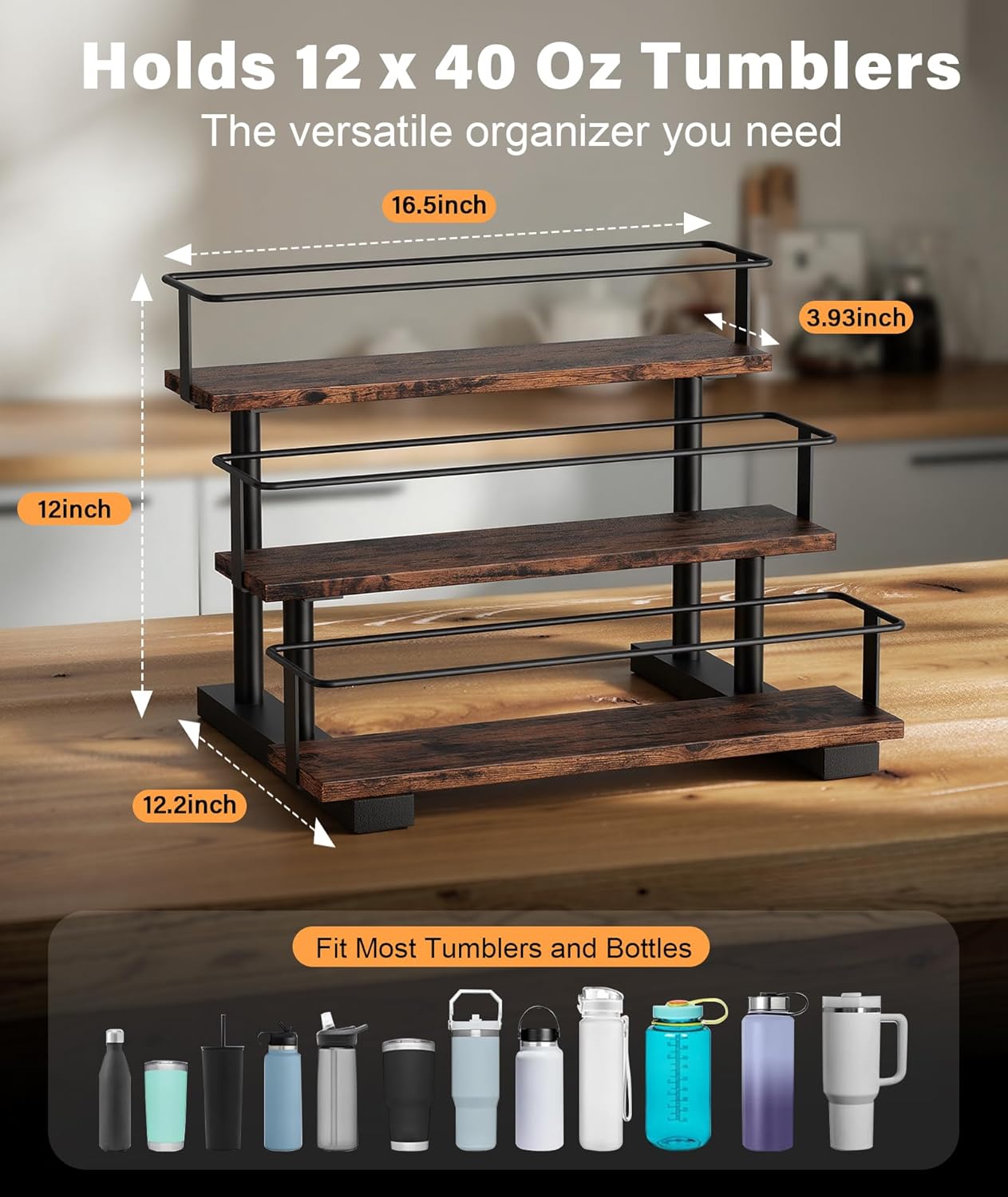 Stanley 40 oz Tumbler Compatible Organizer, 3-Tier Water Bottle Organizer with Wooden Shelves, Carbon Steel Rack Holds 12 Bottles, Kitchen & Bar Storage