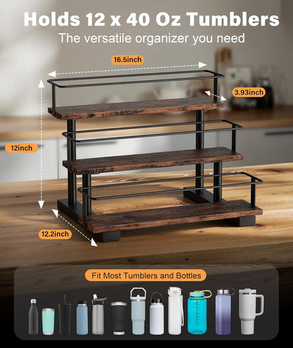 Stanley 40 oz Tumbler Compatible Organizer, 3-Tier Water Bottle Organizer with Wooden Shelves, Carbon Steel Rack Holds 12 Bottles, Kitchen & Bar Storage