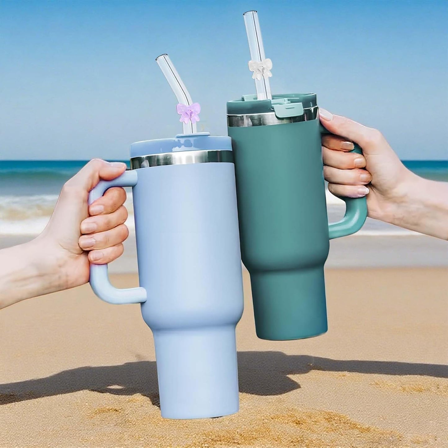 6 Pack Replacement Glass Straws for Stanley 40 oz 30 oz Tumbler, Reusable Cute Flower Glass Straws, Stanley Straw with Cleaning Brush Stanley Cup Accessories, 12 inches