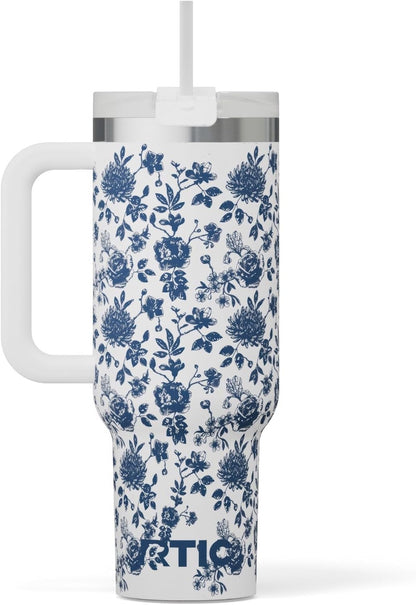RTIC 30 oz Road Trip Tumbler Double-Walled Ceramic Lined InsulatedStainless Steel Portable Travel Coffee Mug Cup with Lid, Handle and Straw, Periwinkle Bouquet