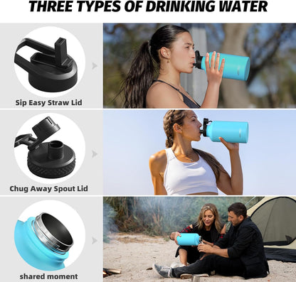 40oz Insulated Water Bottle (Cold for 48 Hrs),BPA Free&Leak Proof,Stainless Steel Water Flask,Water Jug with Straw Spout Lids for Gym,Hiking,Travel,Black Blue