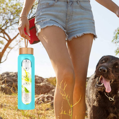 Aqulea Glass Water Bottles 25 Oz with Silicone Sleeve - BPA Free Reusable Wide Mouth Glass Motivational Water Bottles with Fruit Infuser – Leak Proof Borosilicate Water Bottle with Time Marker (White)