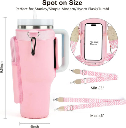 LOKASS Personalized Water Bottle Holder with Strap for Stanley Cup Accessories 40 oz, Initial for Stanley Cup Holder Carrier Bag with Phone Pocket, Stylish Tumbler Accessories for Daily Use Hands-Free