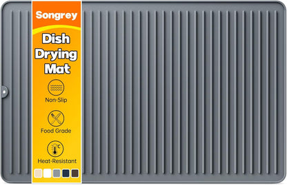 Songrey 12" x 6.5" Silicone Dish Drying Mat, Kitchen Counter Drying Pad for Sink Dishes or Under Rack, Multi-Use as Heat Resistant Trivet, Coffee Bar Mat