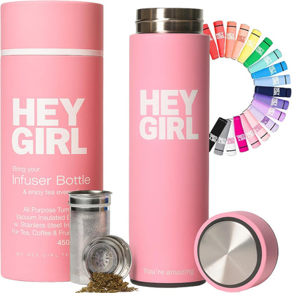 Hey Girl Tea Infuser Bottle 450ml - Insulated Stainless Steel Water Bottle - Tea Tumbler with Tea Diffuser - Portable Travel Mug for Loose Leaf Tea & Infused Water - Tea Lovers Gifts for Women (Pink)
