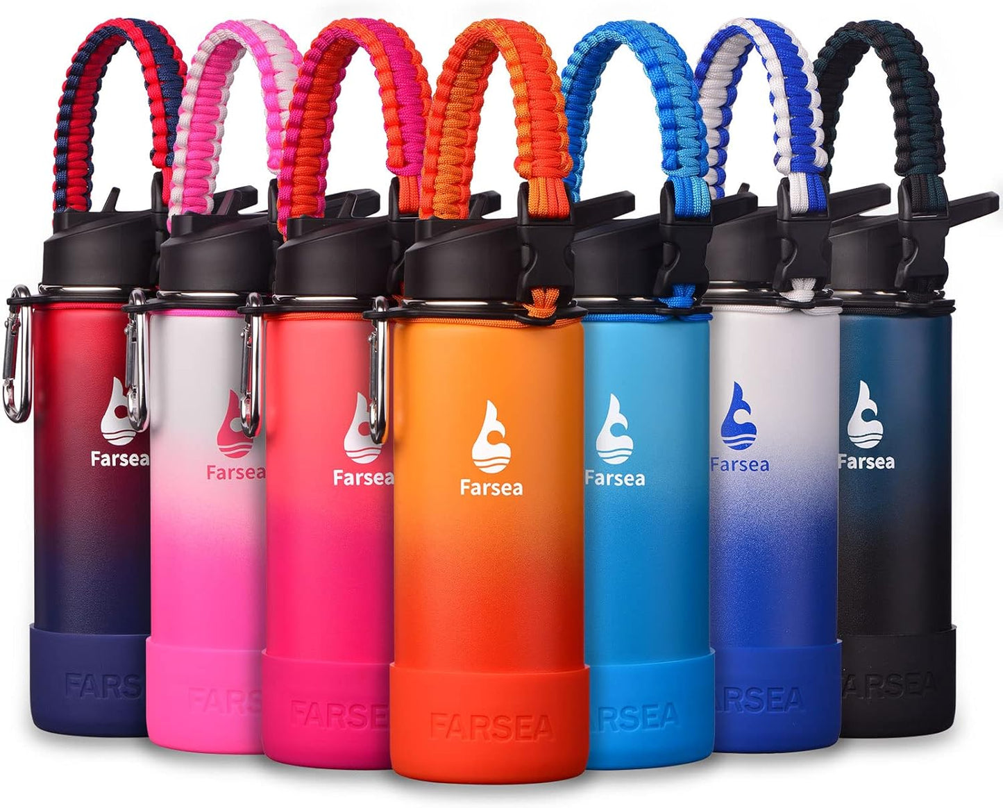 Farsea Insulated Water Bottle With Paracord Handle, Protective Silicone Boot and 2 Lids (Straw Lid & Spout Lid), Stainless Steel Water Bottle Wide Mouth, Double Wall Sweat-Proof BPA-Free, 24 oz