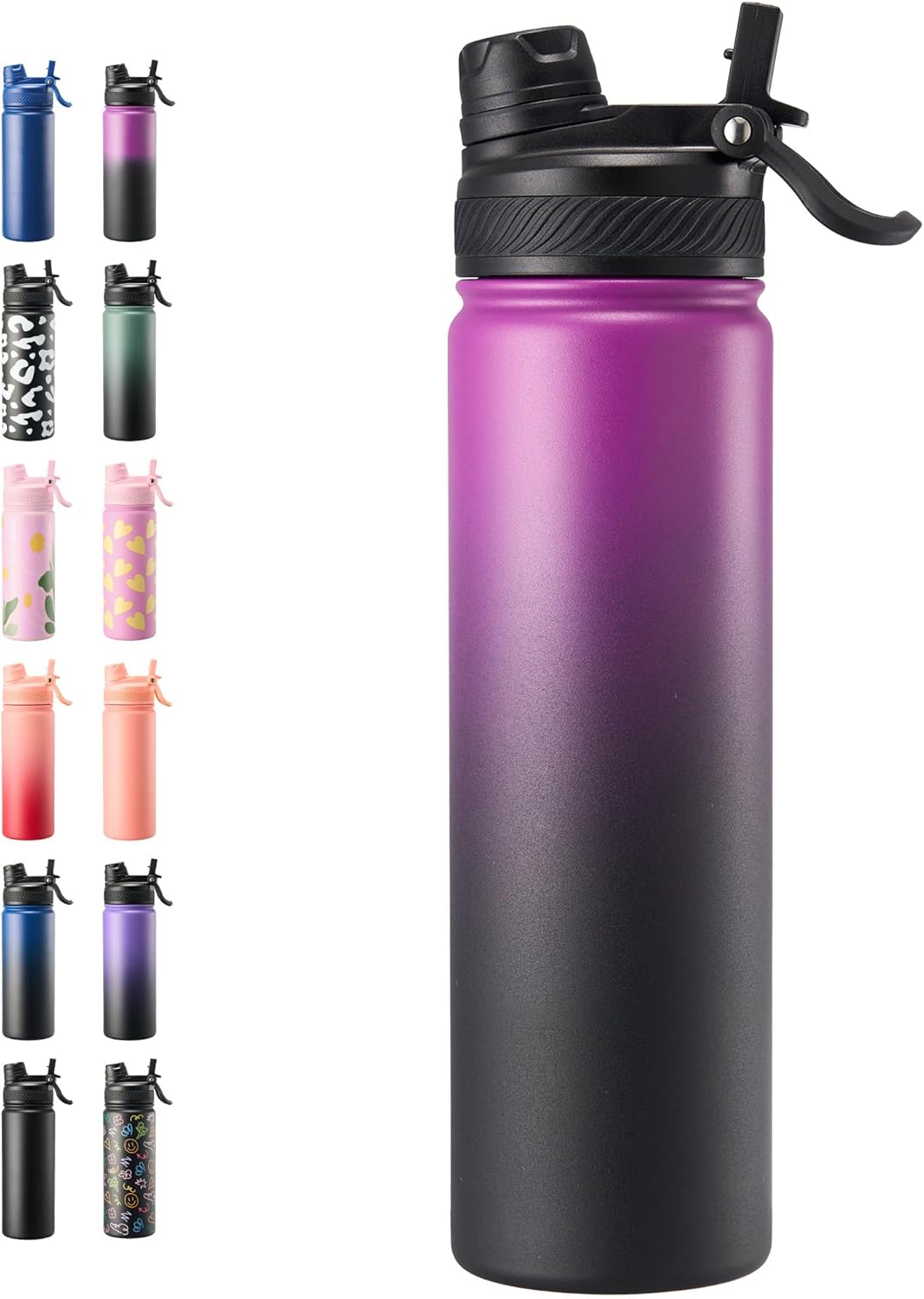 Fijinhom 18 oz Insulated Water Bottle, 2-in-1 Straw and Spout Lid Stainless Steel Thermos, Leak-Proof, Double Wall Vacuum Flask, Keep Cold 24H for Outdoor, Sports, Travel, School (Black)