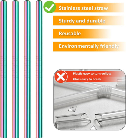 Lazycorner 16 Pcs Metal Straw Reusable 8.5" 10.5" 6mm Stainless Steel Straws for Tumblers 20oz-32oz, Rainbow Drinking Straws with Silicone Tips, 4 Straw Cleaner Brush, 1 Travel Case