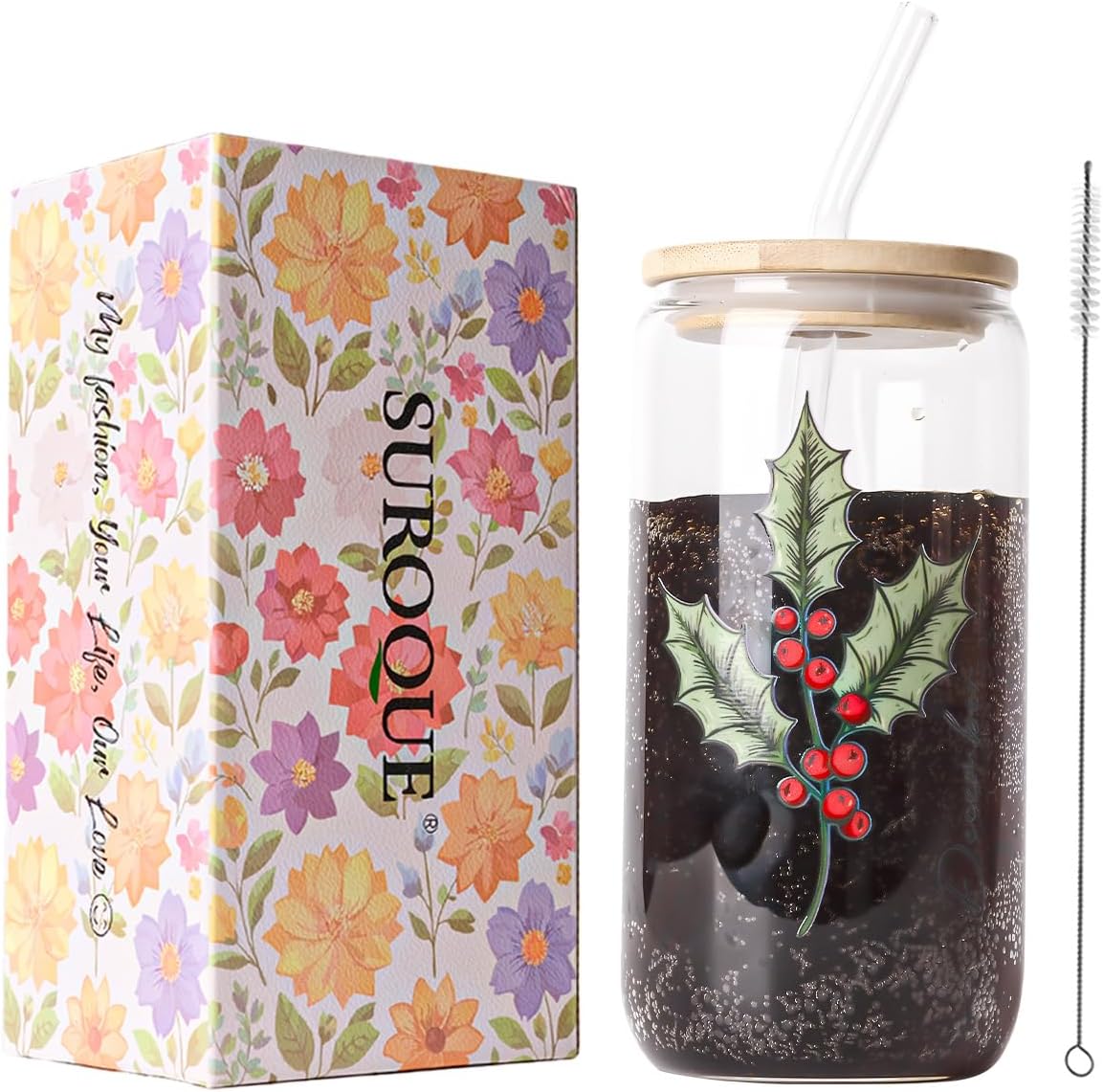 SUROQUE 20oz Ribbed Glass Tumblers with Lids & Straws, Ideal for Iced Coffee, Cocktails & More - Includes Cleaning Brush
