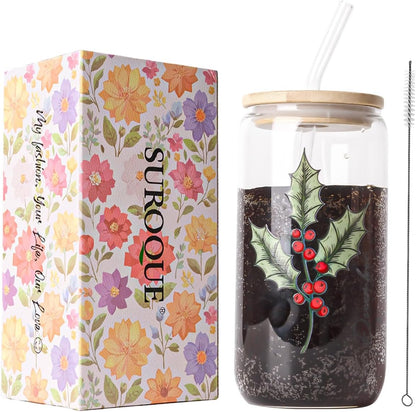 SUROQUE 20oz Ribbed Glass Tumblers with Lids & Straws, Ideal for Iced Coffee, Cocktails & More - Includes Cleaning Brush