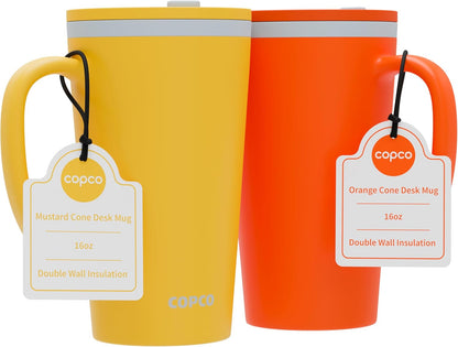 Copco Cone Desk Mug, 16 oz (Set of 2) - Double Wall Insulated Mugs with Handle, Reusable Tumbler Set with Twist-Off Spill Resistant Lid, BPA-Free, Microwave & Dishwasher Safe (Orange/Mustard)