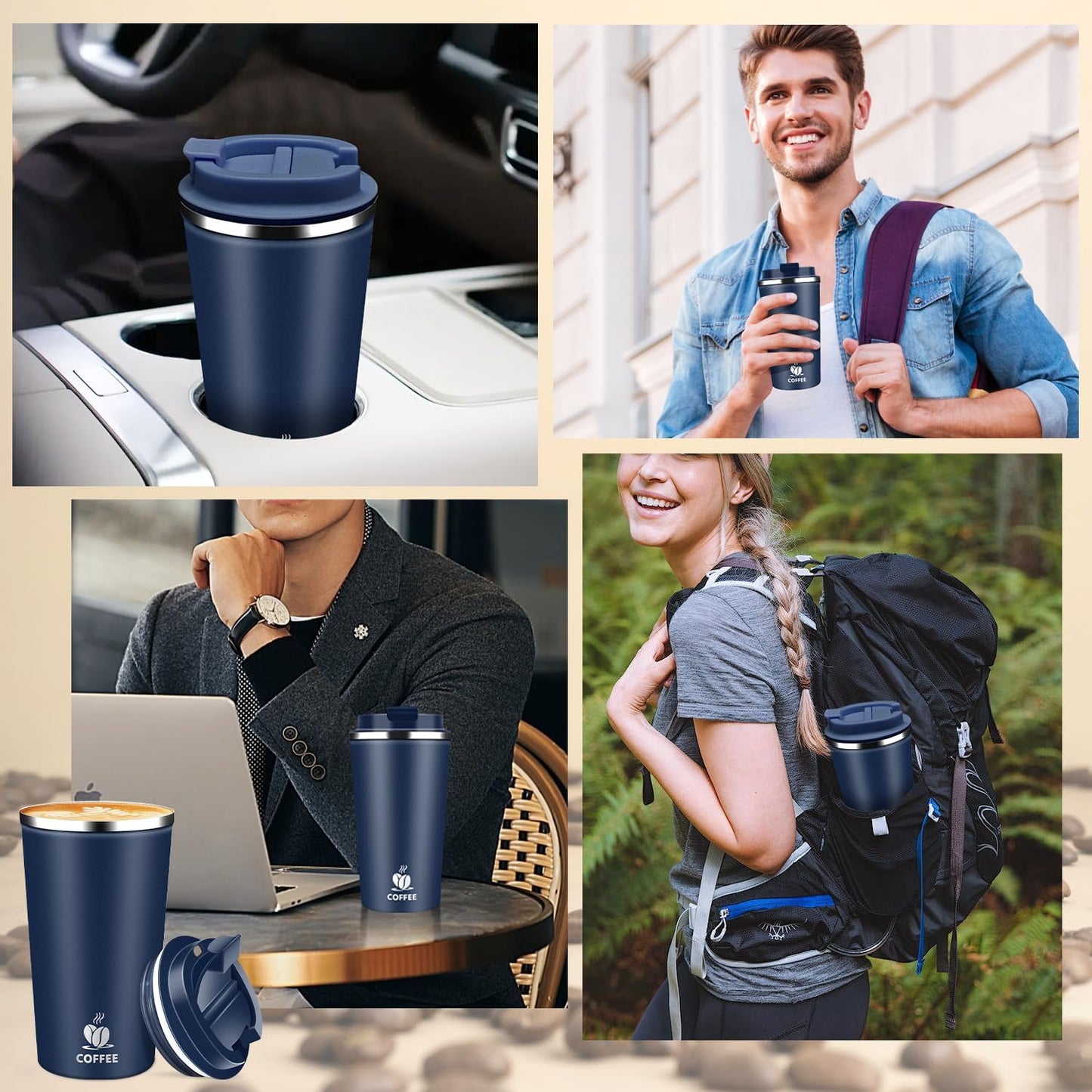 Insulated Travel Coffee Mug Reusable Coffee Tumbler Cup with Flip Lid Leak Proof Spill Proof for Office School Party Camping Hot and Cold Drink,Stainless Steel 17oz (Black)