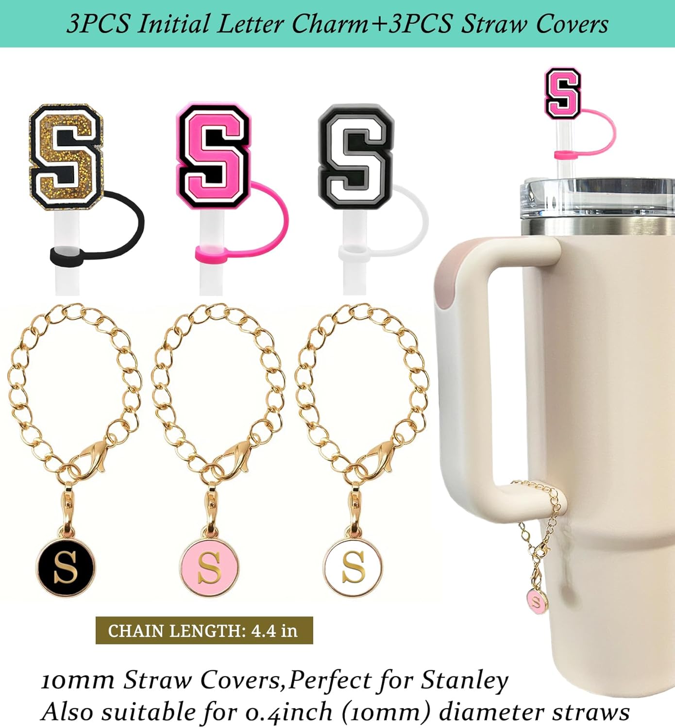 （3 +3) 3PCS Nuozme Straw Cover 10mm For Stanley Tumbler Cup Reusable Straw Cap Topper with 3 Initial Letter Charms Accessories Name ID Personalized Handle Charm For Stanley 30&40 Oz Cup Tumbler - Colors A