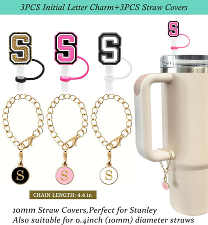 （3 +3) 3PCS Nuozme Straw Cover 10mm For Stanley Tumbler Cup Reusable Straw Cap Topper with 3 Initial Letter Charms Accessories Name ID Personalized Handle Charm For Stanley 30&40 Oz Cup Tumbler - Colors A