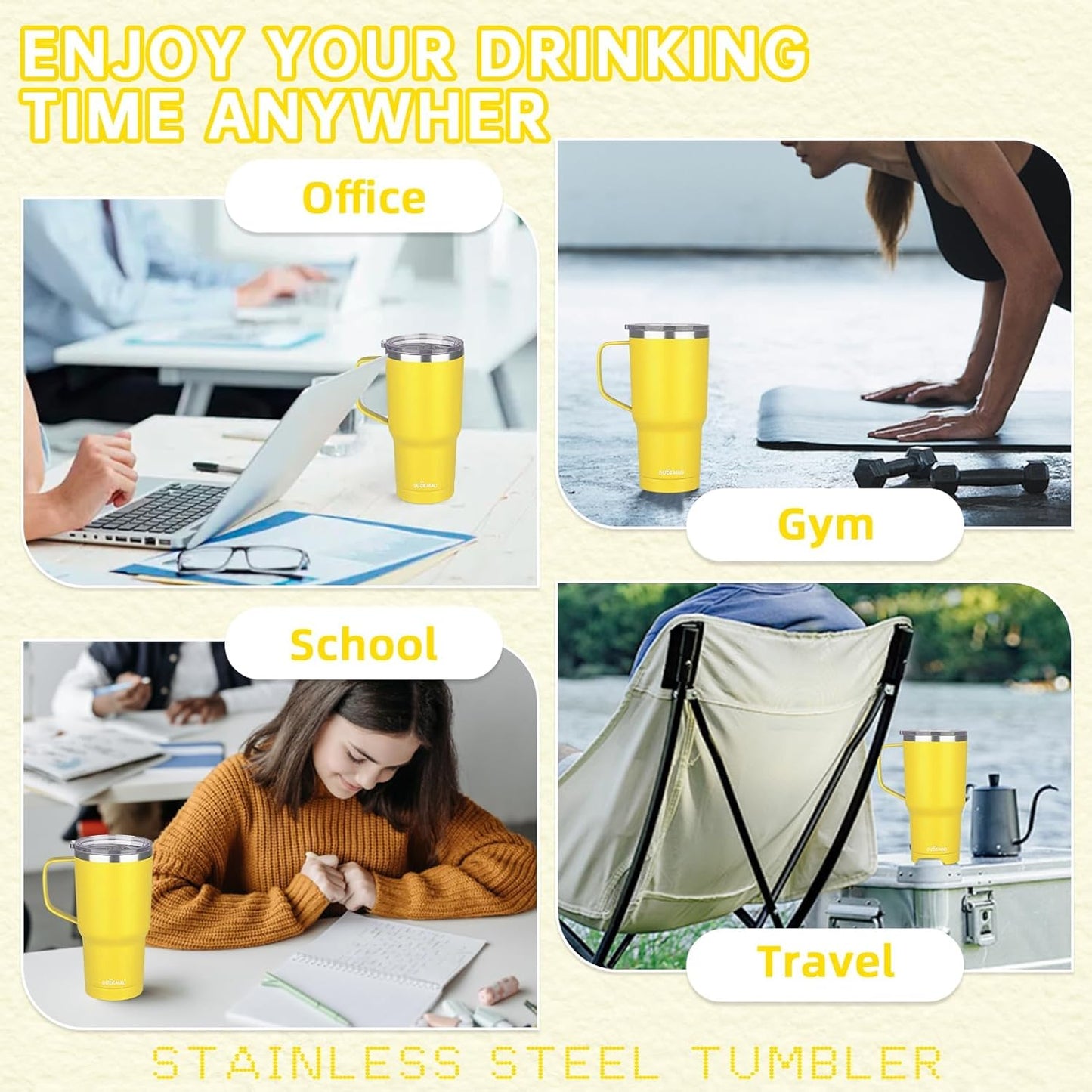 20 oz Insulated Coffee Mug with Ceramic Coating, Stainless Steel Travel Mug Tumbler with Handle Lid and Straw, Double Wall Leak-Proof Coffee Travel Mug Keeps Drink Hot and Cold (Black)