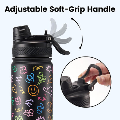 Fijinhom 18 oz Insulated Water Bottle, 2-in-1 Straw and Spout Lid Stainless Steel Thermos, Leak-Proof, Double Wall Vacuum Flask, Keep Cold 24H for Outdoor, Sports, Travel, School (Black)
