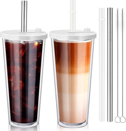 Honeydak 4 Pack 24 oz Reusable Iced Coffee Cups with Lids and Straws Leakproof Double Wall Insulated Clear Plastic Iced Coffee Tumblers with Straw Brushes