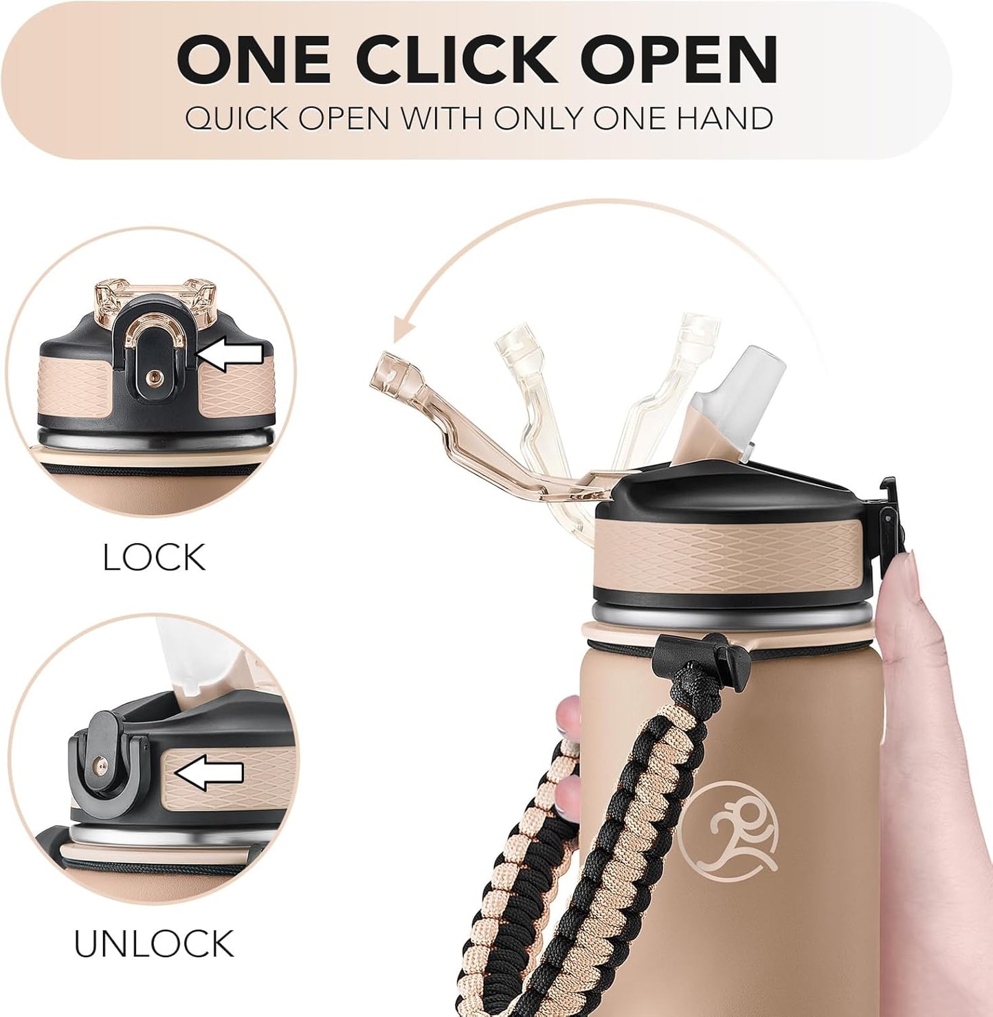GOSWAG Insulated Sports Water Bottle, 24oz 2 Lids(with Straw/No Straw), Stainless Steel Water Bottles with Paracord Handle, Insulated Bottle with Double-Wall Vacuum Insulation