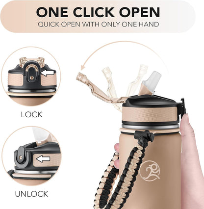 GOSWAG Insulated Sports Water Bottle, 24oz 2 Lids(with Straw/No Straw), Stainless Steel Water Bottles with Paracord Handle, Insulated Bottle with Double-Wall Vacuum Insulation
