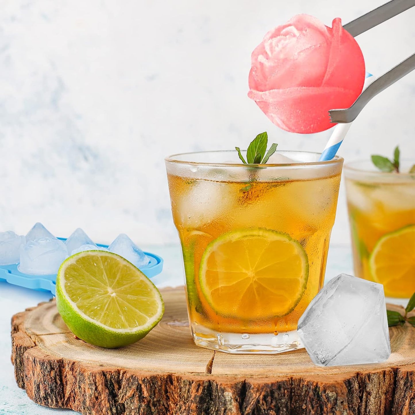 Ice Cube Tray, Mikiwon 2 inch Rose Ice Cube Trays With Covers, 3 Cavity Silicone Rose Ice Tray & 3 Diamond Ice Ball Maker, Easy Release Large Ice Cube Form for Chilled Cocktails, Whiskey Juice Black