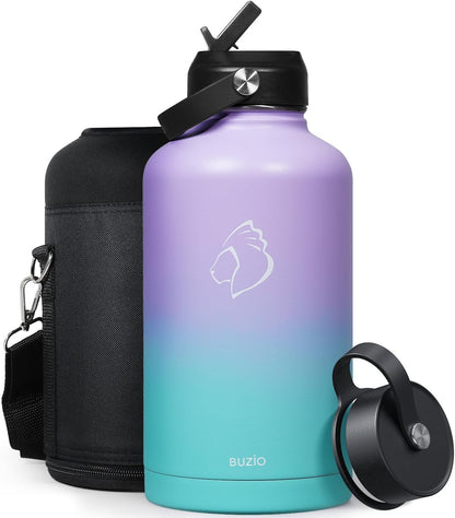 BUZIO 40oz Insulated Water Bottle, Triple Wall Vacuum Stainless Steel Water Flask with 2 lids, Lead-Free BPA-Free Straw Lid Sports Canteen Jug, Cold 48H & Hot 24H- Black - Colors B