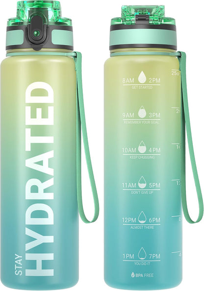 Sahara Sailor Water Bottle 32oz, Durable and Leakproof Water Bottles Motivational with Time Marker, Tritan, BPA Free, Wide Mouth with Easy Clean Brush for Gym, Travel, Home, School, Office (1 Bottle)