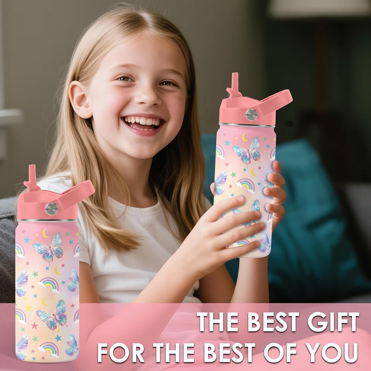 Strawberry Gifts for Kids - 16oz Pink Kids Water Bottle with Straw Lid, Stainless Steel Insulated Water Bottle, Leakproof, BPA-Free, for Girls, School, Strawberry Lover Children Birthday Gift Cup(1pc)