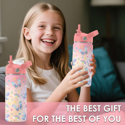 Strawberry Gifts for Kids - 16oz Pink Kids Water Bottle with Straw Lid, Stainless Steel Insulated Water Bottle, Leakproof, BPA-Free, for Girls, School, Strawberry Lover Children Birthday Gift Cup(1pc)