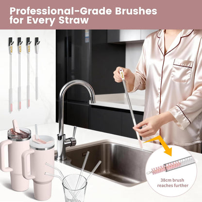 15 Inch Extra Long Straw Cleaner Brush Set, 5 Pcs Reusable Cleaning Brushes for Stanley 40 oz Tumbler, Owala, Yeti, Includes 4 Flexible Straw Brushes and 1 3-in-1 Cup Lid Gap Cleaning Tool(Pink)