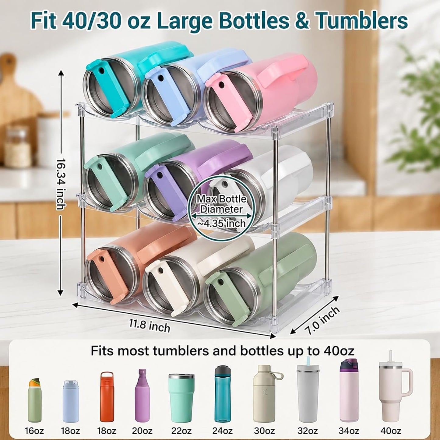 Stackable Water Bottle Organizer for Stanley 40 oz Tumbler, Large Compartment Water Bottle Holder for Cabinet, Clear Tumbler Organizer for Kitchen Countertop Pantry, 4 Pack