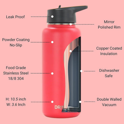 Drinco Stainless Steel Water Bottle Spout Lid Vacuum Insulated Double Wall Water Bottle Wide Mouth (40oz 32oz 22oz 18oz 14oz) Leak Proof Keep Cold Sport Camping Hiking (22 oz, 22oz Black)