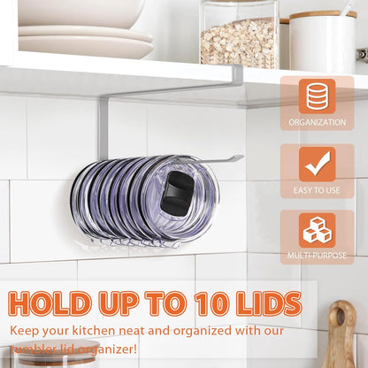 Tumbler Lid Organizer, Horizontal Tumbler Lid Storage Hook Up to 10 Lids, Space Saving Cup Lid Holders Under Cabinet Tumbler Lid Hook for Kitchen Organizer and Storage,Hanging Paper Towel Rack Hanger