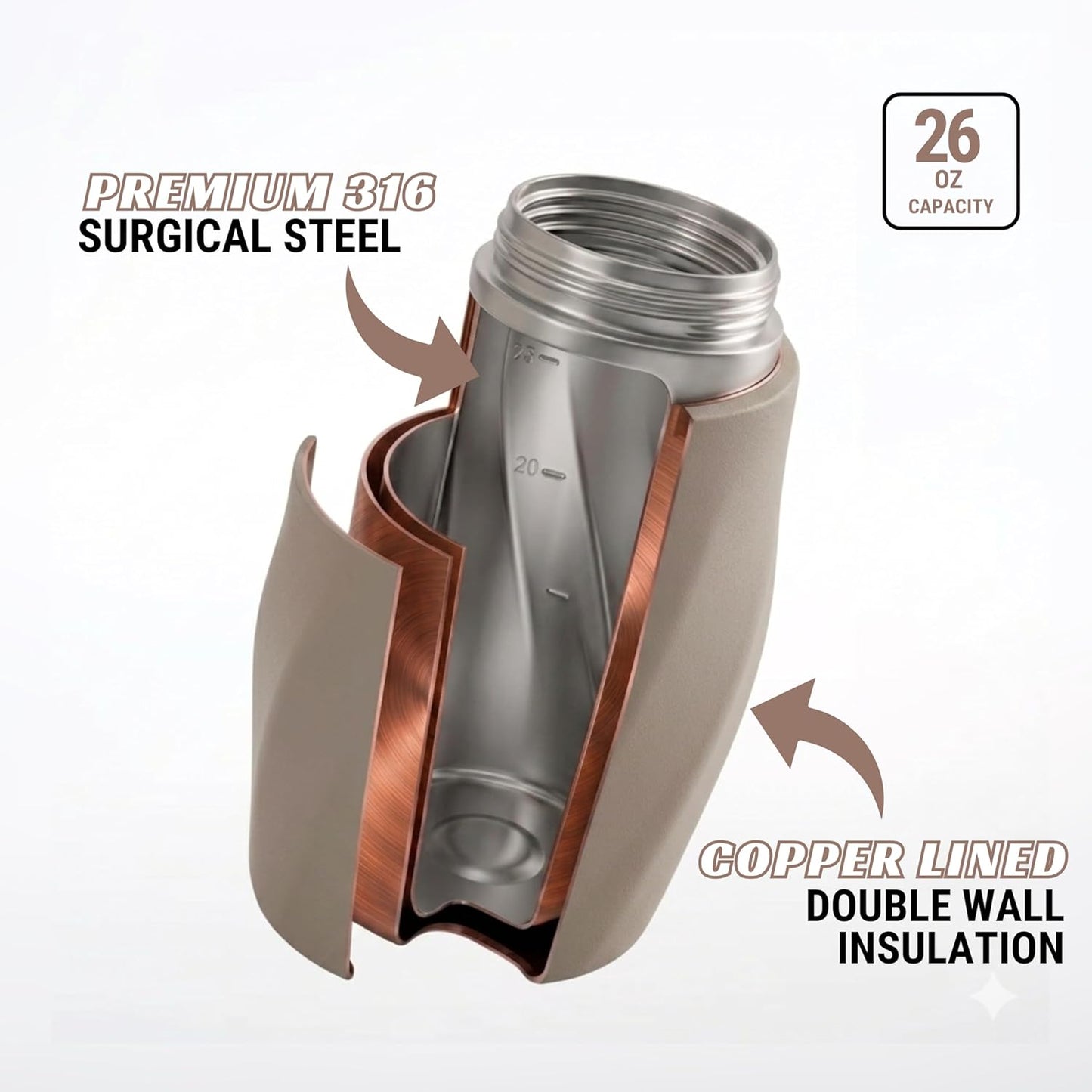 Earth Stone - 24oz Insulated Protein Shaker Bottle - Medical-Grade 316 Stainless Steel - Patent-Pending Clump-Free Design - Odor Proof & Leak-Proof Metal Blender Cup