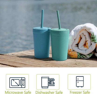 Homestockplus Reusable Wheat Straw Cups with Lids and Silicone Straws, 10 Oz Chip Resistant E-Co Friendly Small Water Cups for Milk, Drinks, Smoothies - 4 Colors