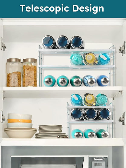 10.6-16.7" Adjustable Width Water Bottle Organizer for Cabinet, 3-Tier Expandable Water Bottle Holder Rack, Cup and Tumbler Storage for Kitchen Organization, Sports Flask, Insulated Travel Mug, Fridge