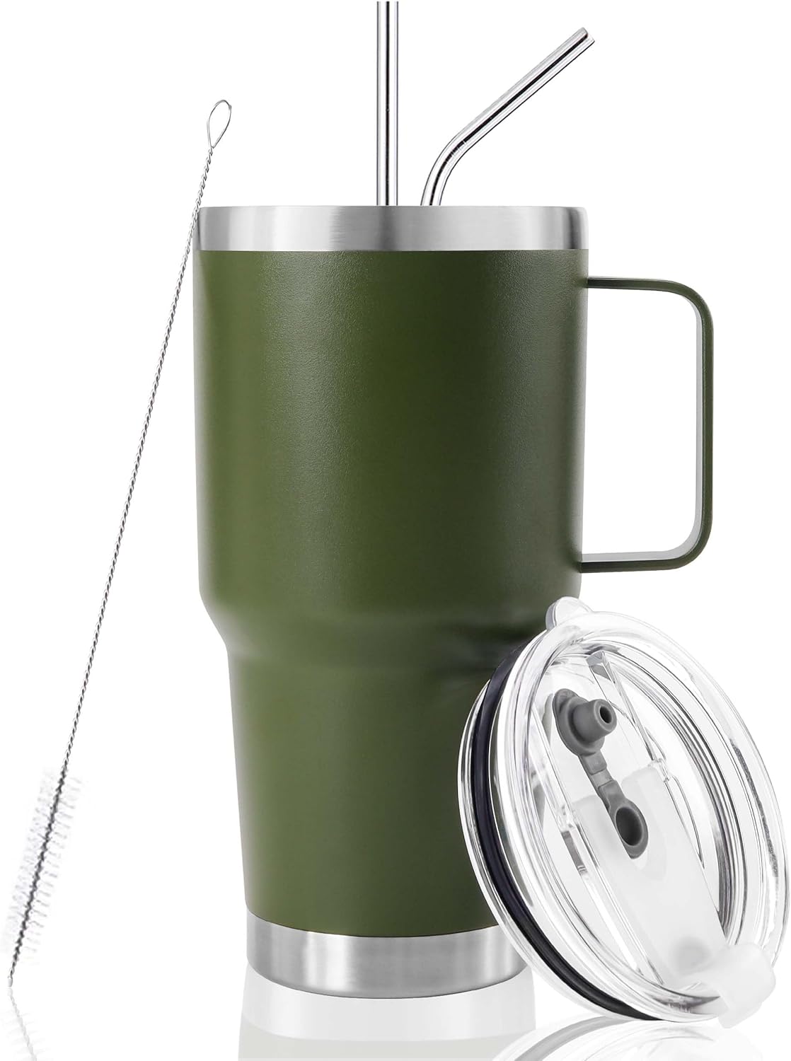 30 oz Tumbler With Handle, Double Wall Stainless Steel Vacuum Insulated Travel Mug with Splash-Proof Lid Metal Straw and Brush (Cream)