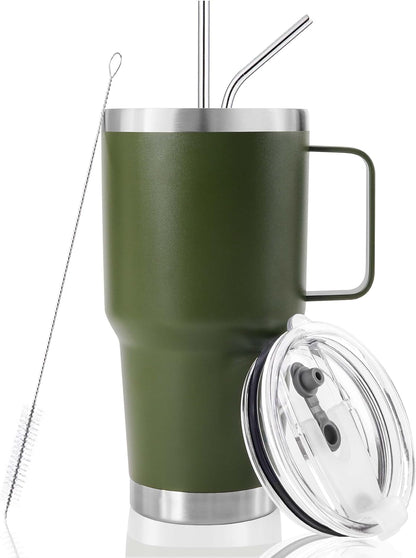 30 oz Tumbler With Handle, Double Wall Stainless Steel Vacuum Insulated Travel Mug with Splash-Proof Lid Metal Straw and Brush (Cream)