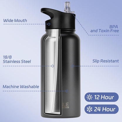 HASLE OUTFITTERS 32 oz Insulated Water Bottle Stainless Steel Double Walled Vacuum Sports Water Bottle with 2 Lids (Straw and Spout Lid) for Gym Camping Hiking(Black,1)