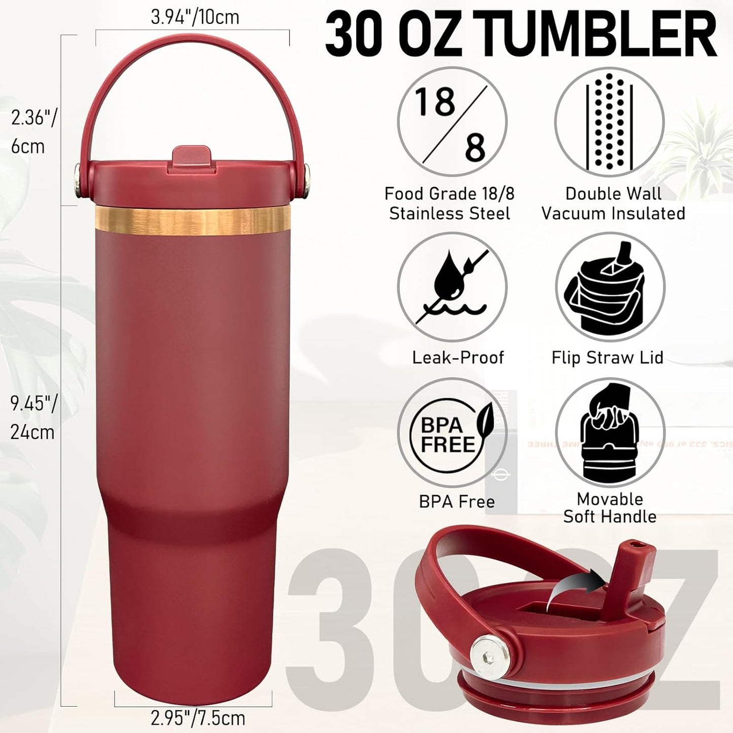 30 oz Tumbler Bulk with Handle and Straw, Vacuum Insulated Tumblers with Flip Straw and Top Handle, Leakproof Powder Coated Tumbler, Stainless Steel Travel Mug for Coffee (Black, 1 Pack)