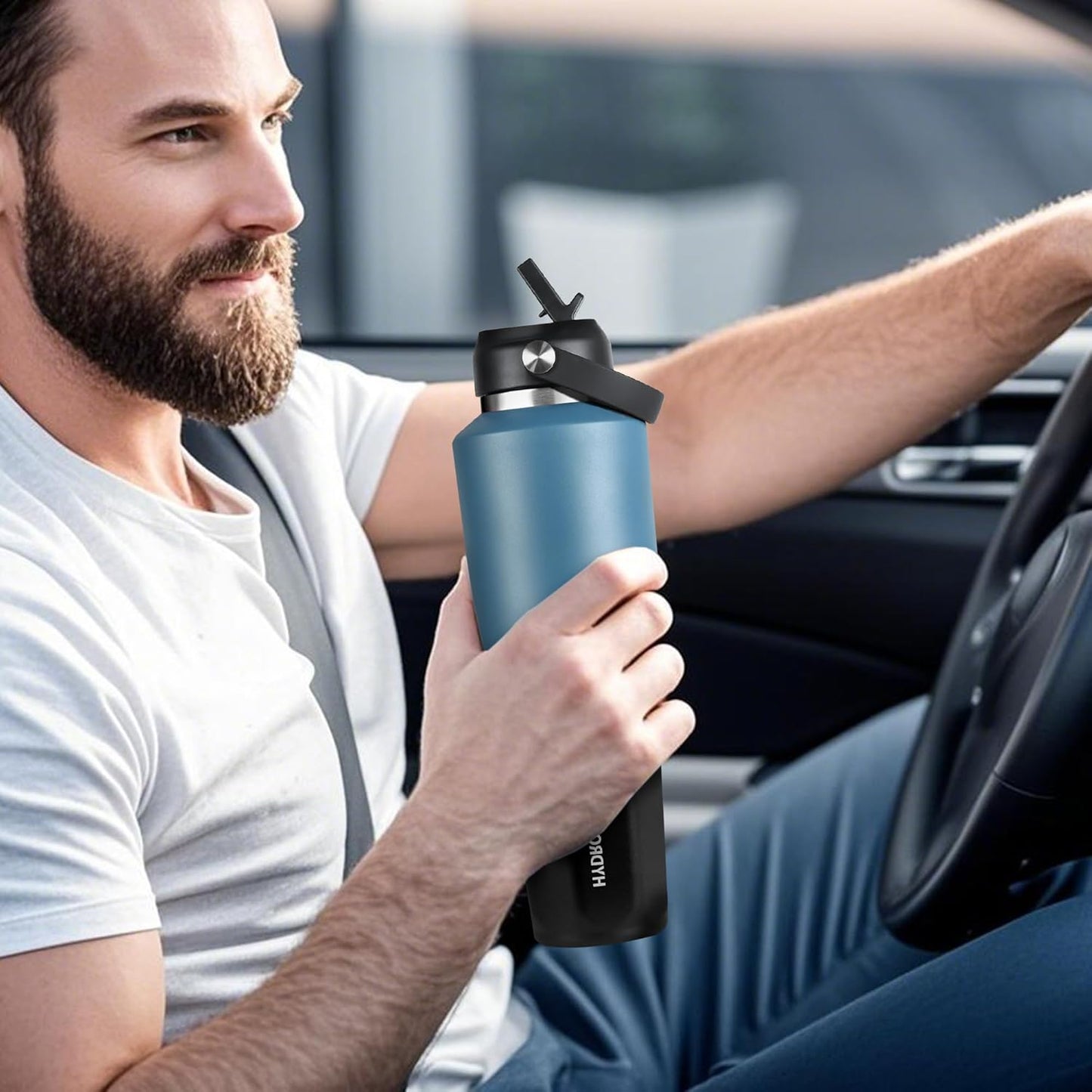 HYDROWION 32oz Stainless Steel Water Bottle(Cold for 48 Hrs, Hot for 24 Hrs),Double Wall Vacuum Insulated Water Bottle with Straw Lid, Spout Lid and Flex Cap, Fit in Any Car Cup Holder,Black