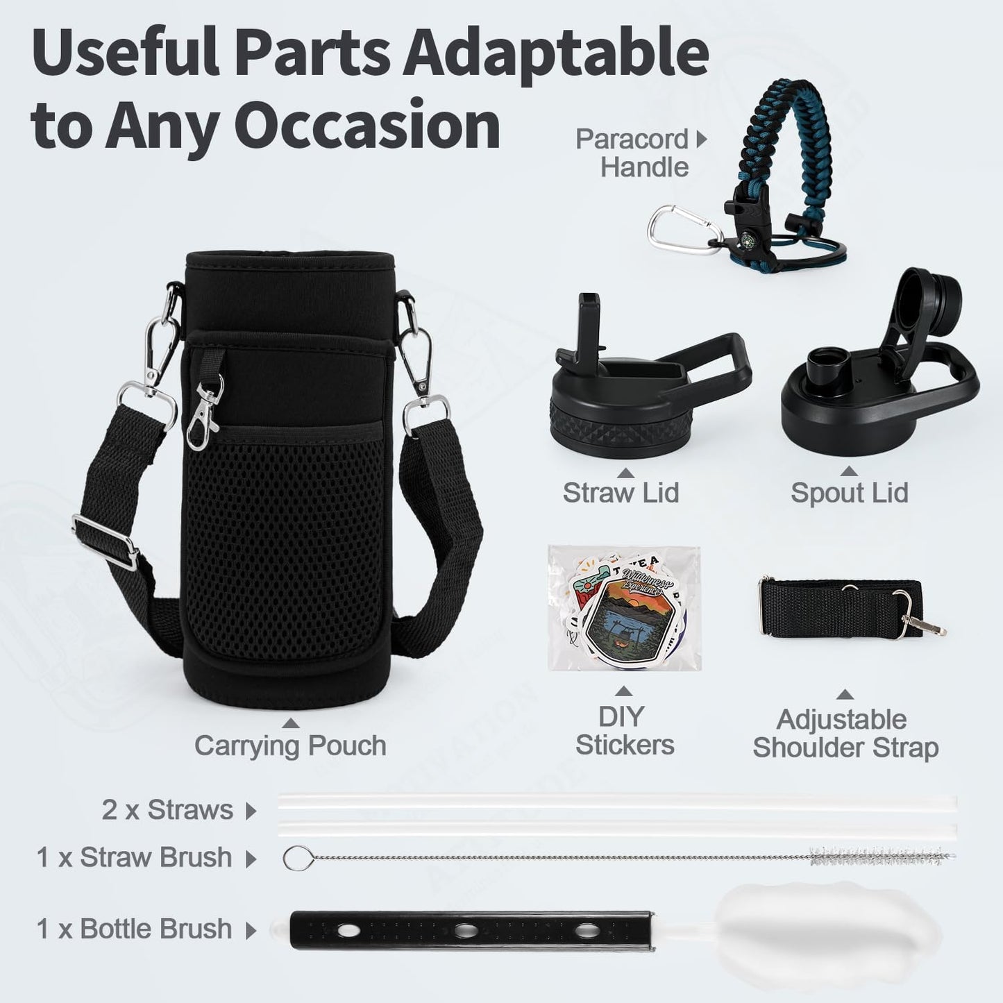 WixByti 40 oz Insulated Water Bottle with Straw (Cold for 36 Hrs), Stainless Steel Triple Wall Vacuum Sports Water Jug, Leakproof Hydro Cup Flask with Paracord Handle & Straw Spout Lids & DIY Stickers