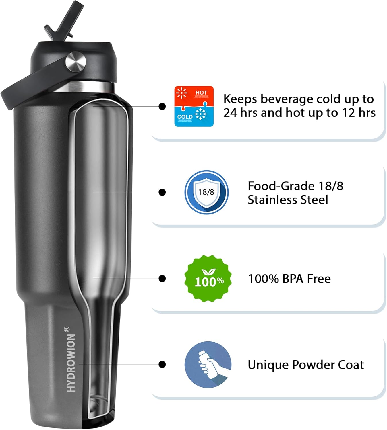 HYDROWION 32oz Stainless Steel Water Bottle(Cold for 48 Hrs, Hot for 24 Hrs),Double Wall Vacuum Insulated Water Bottle with Straw Lid, Spout Lid and Flex Cap, Fit in Any Car Cup Holder,Black
