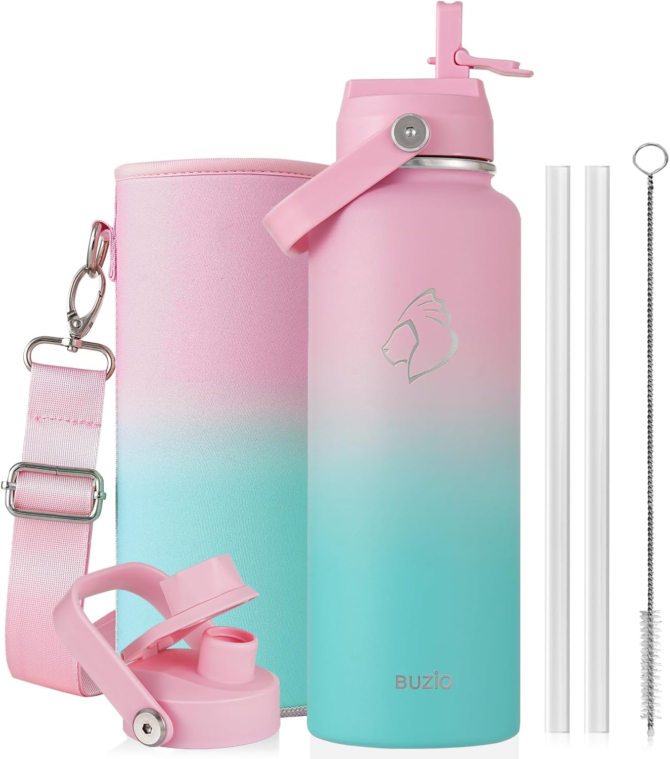 BUZIO 40oz Insulated Water Bottle, Triple Wall Vacuum Stainless Steel Water Flask with 2 lids, Lead-Free BPA-Free Straw Lid Sports Canteen Jug, Cold 48H & Hot 24H- Black - Colors B