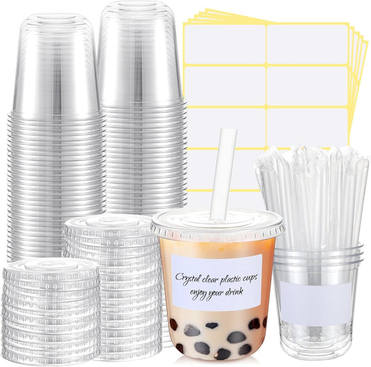 Ziliny 50 Sets Crystal Clear Plastic Cups with Lids, Straws and Stickers, Disposable Iced Coffee Cups Thickened PET for Iced Coffee, Bubble BobaTea, Smoothie, Cold Drinks, Juice, Shops (12 oz)