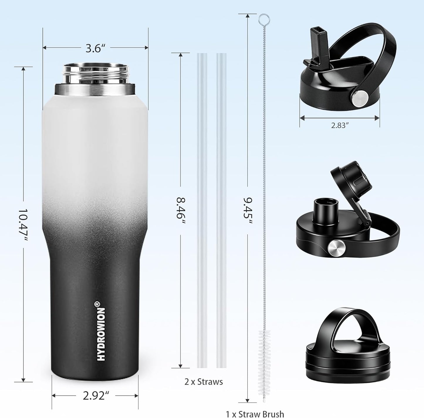HYDROWION 32oz Stainless Steel Water Bottle(Cold for 48 Hrs, Hot for 24 Hrs),Double Wall Vacuum Insulated Water Bottle with Straw Lid, Spout Lid and Flex Cap, Fit in Any Car Cup Holder,Black