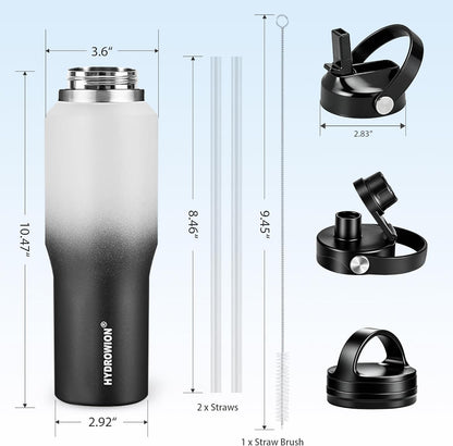 HYDROWION 32oz Stainless Steel Water Bottle(Cold for 48 Hrs, Hot for 24 Hrs),Double Wall Vacuum Insulated Water Bottle with Straw Lid, Spout Lid and Flex Cap, Fit in Any Car Cup Holder,Black