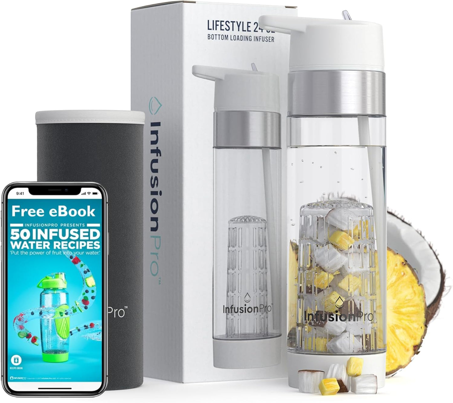 Infusion Pro Fruit Infuser Water Bottle with Straw Lid 24 oz : Flip-Up Straw : Insulated Sleeve & Fruit Infusion Water eBook : Bottom Loading Infuser for More Flavor - Kauai Sunset