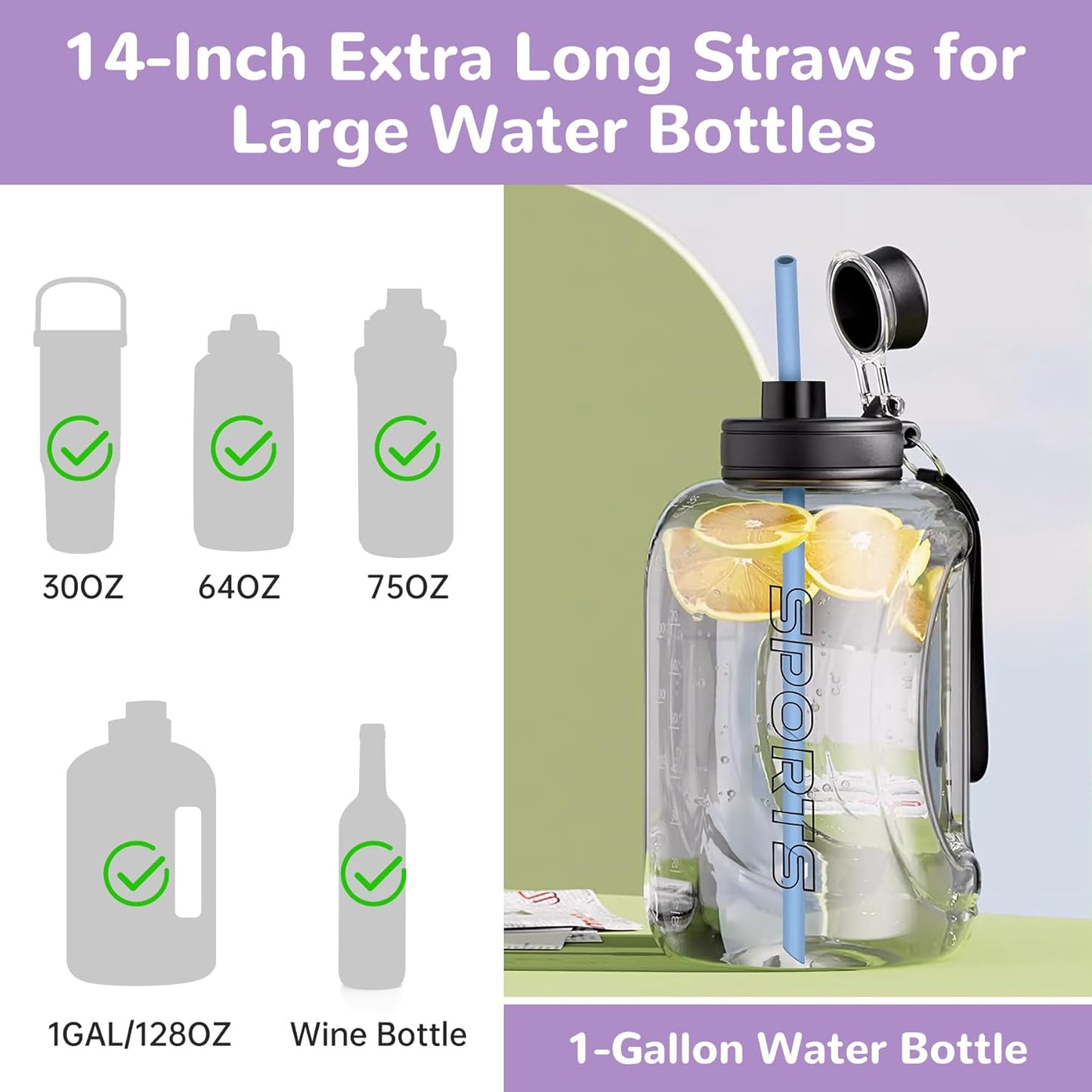 NiHome 14PCS Silicone Straws Fit for Stanley 40oz 30oz Tumbler, 14” Extra Long Reusable Drinking Straw, Flexible Can Cut Length for 1/Half Gallon 75 64 OZ Large Water Bottle - 2 Brushes (Rainbow)